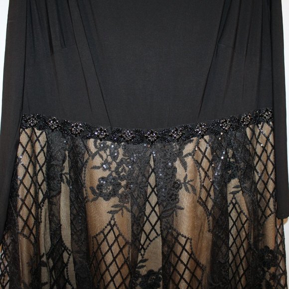 NEW MAC DUGGAL PLUS LONG SLEEVE JERSEY AND LACE BLACK NUDE COCKTAIL DRESS BLACK - Picture 4 of 7